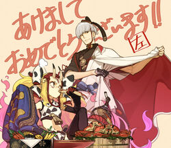  1boy animal_print bell black_gloves black_legwear blonde_hair breasts brown_eyes bucket cow_print crab crab_leg detached_sleeves eating fate/grand_order fate_(series) female food gloves gourd grey_hair hat hidari_(left_side) horns ibaraki_douji_(fate) ibaraki_douji_(swimsuit_lancer)_(fate) ibaraki_douji_(swimsuit_lancer)_(third_ascension)_(fate) japanese_clothes midriff oni_horns pointy_ears shrimp sitting small_breasts smile thighhighs twintails watanabe_no_tsuna_(fate) 