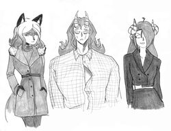  absurd_res anthro asian_clothing beard canid canine clothing demon efradraws facial_hair family_portrait female fox graphite_(artwork) group group_photo hair hi_res hybrid irina_netsuki long_hair male male/female mammal monochrome muscular muscular_male pencil_(artwork) traditional_media_(artwork) underwear wavy_hair young 