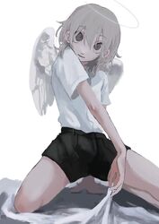  1other androgynous angel_wings black_shorts end80236189 grey_eyes hair_between_eyes halo highres holding kneeling medium_hair original parted_lips shirt short_sleeves shorts simple_background solo white_background white_shirt wings 