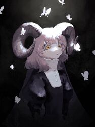  black_background black_dress bug butterfly dress end80236189 female goat_girl goat_horns highres horizontal_pupils horns long_sleeves medium_hair original pink_hair puffy_long_sleeves puffy_sleeves simple_background solo thick_eyebrows upper_body white_butterfly yellow_eyes 