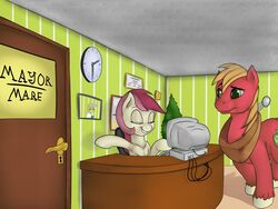  arm_spreader big_macintosh_(mlp) clock computer duo earth_pony equid equine female feral friendship_is_magic hasbro horse houseplant inside male male/female mammal my_little_pony office pony restraints rose_(mlp) shdingo spreader_bar yoke_(restraint) 