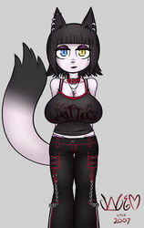  2000s_theme adolescent aged_down alternative_fashion anthro band_merch band_shirt bangs big_breasts black_hair blunt_bangs bondage_pants bottomwear breasts choker clothing colormute domestic_cat ear_piercing ear_ring felid feline felis female fur goth hair heterochromia hi_res industrial_piercing jewelry kittie_(band) mammal markings mole_(marking) mole_under_eye necklace pants piercing ring_piercing salem_loveridge solo straight_bangs visible_underwear white_body white_fur y2k_(fashion) young young_female 