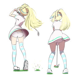  ass blonde_hair braid dress female golf golf_club green_eyes hat highres lillie_(pokemon) long_hair microsd_(pibo) multiple_views panties poke_ball pokemon pokemon_sm ponytail ponytail_with_braided_base simple_background skirt striped_clothes striped_thighhighs thighhighs underwear visor_cap white_background 