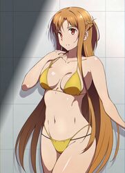  asuna_(sao) bare_arms bare_shoulders bikini braid breasts brown_eyes brown_hair cleavage collarbone cowboy_shot female french_braid halterneck large_breasts long_hair navel puge shiny_skin solo stomach string_bikini swimsuit sword_art_online thighs very_long_hair yellow_bikini 