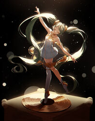  absurdly_long_hair absurdres arabesque_(pose) arahe black_background boots closed_eyes commentary dress en_pointe female full_body gramophone_miku green_hair hatsune_miku highres long_hair miku_symphony_(vocaloid) outstretched_arms photoshop_(medium) pleated_skirt see-through see-through_dress single_thigh_boot skirt solo spread_arms strapless strapless_dress thigh_boots thighhighs twintails very_long_hair vocaloid white_skirt 