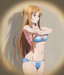  absurdres asuna_(sao) blue_bra blue_panties bra braid breasts brown_eyes brown_hair camisole closed_mouth clothes_lift collarbone commentary feet_out_of_frame female french_braid highres lifting_own_clothes long_hair medium_breasts navel panties pink_camisole pov_peephole puge shadow shirt_lift short_ponytail simple_background solo stomach sword_art_online underwear undressing 