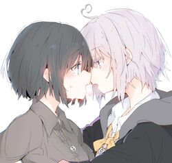  2girls absurdres after_kiss ahoge alternate_hair_length alternate_hairstyle black_hair black_jacket black_shirt blue_eyes blush blush_visible_through_hair bow bowtie collared_shirt commentary ear_blush elaina_(majo_no_tabitabi) eye_contact from_side grey_hair heart heart_ahoge highres jacket jewelry lionet0806 looking_at_another majo_no_tabitabi multiple_girls necklace open_mouth profile saya_(majo_no_tabitabi) shirt short_hair simple_background upper_body white_background white_shirt yellow_bow yellow_bowtie yuri 