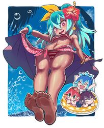  4girls barefoot beachhime bikini black_bikini blue_bikini blue_hair blush blush_stickers bow bracelet cameltoe chibi commentary eyelashes feet flower fubukihime gashi-gashi green_eyes hair_flower hair_ornament hairbow hibiscus hyakkihime innertube jewelry long_hair looking_down multicolored_hair multiple_girls navel ocean open_mouth outstretched_arms pendant pink_eyes pink_hair ponytail purple_eyes purple_hair red_bikini sky smile soles star_(symbol) string_bikini striped_bikini striped_clothes sweat swim_ring swimsuit tan teeth toes towel_around_waist traditional_youkai tsubakihime_(youkai_watch) water water_drop youkai_(youkai_watch) youkai_watch youkai_watch:_punipuni yuki_onna 