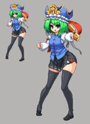  bad_id bad_twitter_id black_footwear black_skirt black_thighhighs blue_eyes blue_hat buttons female green_hair grey_background hat long_sleeves looking_at_viewer miniskirt namako_daibakuhatsu pixel_art pleated_skirt ribbon-trimmed_skirt ribbon_trim rod_of_remorse shiki_eiki shoes simple_background skindentation skirt solo standing thighhighs touhou vest 