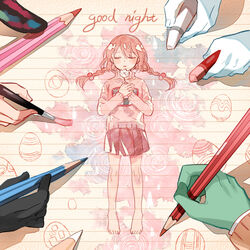  bare_legs barefoot black_skin braid brown_hair checkered closed_eyes colored_skin commentary_request crayon drawing egg english_text female flower getiao green_skin hair_bobbles hair_ornament holding holding_flower long_hair long_sleeves madotsuki miniskirt monoe monoko own_hands_together paintbrush painting_(object) pencil pink_shirt pink_skirt pleated_skirt poniko rain ripples sekomumasada_sensei shade shirt shitaisan sketchbook skirt solo_focus twin_braids twintails uboa water_drop white_flower white_skin yume_nikki 