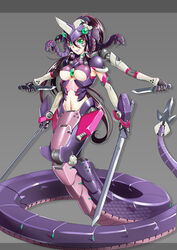  bad_id bad_pixiv_id breasts brown_hair bzs_(kage_no_shinobu) coiled commentary_request covered_nipples extra_arms fangs female green_eyes grey_background highres knife lamia large_breasts mecha_musume monster_girl navel original photoshop_(medium) quadruple_wielding slit_pupils snake snake_hair solo sword underboob weapon 