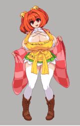  alternate_breast_size apron bell boots breasts checkered_clothes checkered_kimono commentary_request curvy female full_body hair_bell hair_ornament huge_breasts japanese_clothes kimono long_sleeves looking_at_viewer lowres miniskirt motoori_kosuzu namako_daibakuhatsu pigeon-toed pixel_art red_eyes red_hair simple_background skindentation skirt smile solo standing thighhighs thighs touhou wide_sleeves 