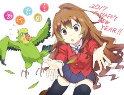  2017 aisaka_taiga akeome animal bird black_thighhighs blazer brown_eyes brown_hair commentary female gedou_(ge_ge_gedou) grey_skirt happy_new_year inko jacket long_hair new_year oohashi_high_school_uniform parrot pleated_skirt running school_uniform simple_background skirt thighhighs toradora! white_background 