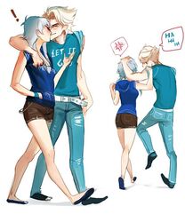  1boy denim elsa_(frozen) female jack_frost_(rise_of_the_guardians) jeans kissing modern pants rule_63 sakimichan tsundere white_hair 