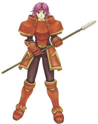  armor armored_boots boots female fire_emblem fire_emblem:_the_binding_blade full_body gauntlets gloves gwendolyn_(fire_emblem) highres kaneda_eiji official_art orange_armor pink_eyes pink_hair polearm simple_background solo spear weapon white_background 