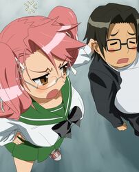  1boy ear_pull female glasses gradient gradient_background highschool_of_the_dead hirano_kohta komatsu_(sakanae) takagi_saya 