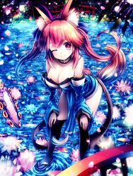  absurdres animal_ear_fluff animal_ears bare_shoulders blue_thighhighs bow breasts brown_hair cleavage commentary_request detached_sleeves fate/extra fate/grand_order fate_(series) female flower fox_ears fox_tail hair_ribbon hairbow highres japanese_clothes kimono large_breasts lotus mirror night one_eye_closed outdoors pink_hair ribbon solo suiten_nikkou_amaterasu_yanoshisu_ishi tail tamamo_(fate) tamamo_no_mae_(fate/extra) thighhighs tranquillianusmajor twintails water yellow_eyes 