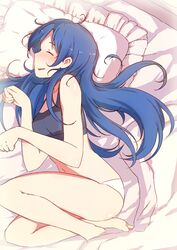  blue_hair commentary female idolmaster idolmaster_(classic) kisaragi_chihaya long_hair mushiboy open_mouth panties sports_bra underwear underwear_only 