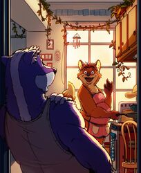  2019 anthro apron badger belly canid canine clothing cooking detailed_background disney duo food fox gideon_grey guffaw humanoid_hands inside jay_wolfe kitchen male mammal mustelid musteline pancake red_fox shirt slightly_chubby topwear true_fox zootopia 