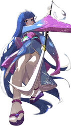  arm_up blue_eyes blue_hair blue_kimono blush cleft_of_venus closed_mouth ejami female flat_chest flower foreshortening full_body highres holding holding_polearm holding_weapon japanese_clothes kimono long_hair long_sleeves looking_at_viewer maplestory no_panties obi pink_flower polearm pussy sandals sash simple_background solo sword thighhighs very_long_hair weapon white_background white_thighhighs wide_sleeves zouri 