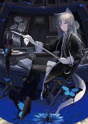  absurdres alcohol animal_ears black_clothes blue_butterfly blue_carpet blue_flower book book_stack braid bug butterfly carpet chair cleaning cleaning_sword cleaning_weapon closed_mouth cup drawing_(object) drinking_glass expressionless female flower fox_ears fox_girl fox_tail grey_hair highres holding holding_sword holding_weapon indoors long_hair long_sleeves looking_at_viewer looking_to_the_side mikisai nigella open_book original painting_(object) petals purple_eyes saber_(weapon) sidelocks single_braid sitting solo sword tail thigh_strap thighhighs vase weapon white_flower wine wine_glass 