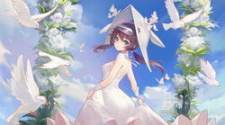  animal arch arknights bird bow breasts bride brown_eyes brown_hair bug butterfly choker cloud commentary_request day dove dress female floral_arch flower hairbow hat highres long_dress looking_at_viewer low_twintails medium_breasts outdoors photoshop_(medium) purestream_(arknights) sideboob sky solo twintails visor_cap wedding_dress white_bird white_butterfly white_dress white_flower wrist_cuffs yizhibao 