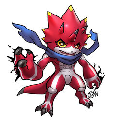  abs anthro bandai_namco betelgammamon chibi claws cwdwcwdw digimon digimon_(species) digimon_ghost_game hi_res horn male red_body scalie scarf solo yellow_sclera 