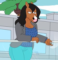  absurd_res anthro big_breasts black_eyes black_hair blue_bottomwear blue_clothing blue_pants blue_sweater blue_topwear bojack_horseman bojack_horseman_(character) bottomwear breasts brown_body brown_fur cigarette cleavage clothed clothing equid equine eyelashes female frown fur grey_clothing grey_topwear hair hi_res holding_cigarette holding_object horse mammal mtf_crossgender netflix paeonypetals pants rule_63 solo sweater thick_thighs topwear white_body white_fur wide_hips 