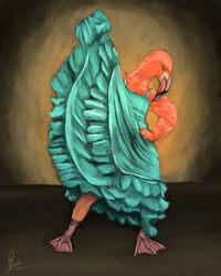  4:5 absurd_res anthro avian beak bird birdtember blue_clothing blue_dress clothing dancing dress feathers feet female flamenco flamingo hi_res membrane_(anatomy) solo speedpaint stage stage_lights teal_clothing teal_dress toes webbed_feet yenocwolf 