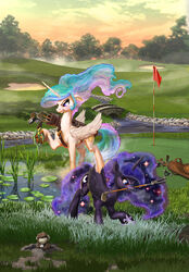  absurd_res alicorn ball bridge detailed_background equid equine female feral flag flag_(object) friendship_is_magic golf golf_ball golf_club golf_club_in_mouth golf_course grass group harwick hasbro hi_res holding_ball holding_golf_ball holding_object horn mammal mouth_hold my_little_pony mythological_creature mythological_equine mythology object_in_mouth outside plant princess_celestia_(mlp) princess_luna_(mlp) sport swamp trio water wings 