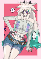  animal_ears animal_nose aqua_hair arms_behind_head arms_up belt belt_buckle blush border breasts brown_belt buckle chest_mouth collarbone commentary_request cowboy_shot crop_top denim denim_shorts extra_mouth eyes_visible_through_hair facial_mark fangs female furry furry_female gradient_hair groin heart highres horns large_breasts lisl_(322_rs) long_hair looking_at_viewer midriff mirage_(322_rs) multicolored_hair navel open_mouth original outside_border pink_border purple_eyes red_background ribbed_sweater sharp_teeth shorts smile solo speech_bubble split_mouth spoken_heart spoken_star star_(symbol) sweater taut_sweater teeth thick_eyebrows translation_request white_hair 