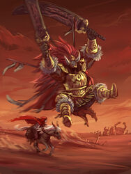  1boy 1other battle blaidd_the_half-wolf cape desert dual_wielding elden_ring fake_horns from_side giant giant_male hands_up helmet highres holding holding_sword holding_weapon hood hooded_cape horned_helmet horns horse horseback_riding iron_fist_alexander jumping lionel_the_lionhearted living_jar_(elden_ring) long_hair male_focus moni95424940 parody racing red_cape red_hair red_hood red_sky red_theme riding size_difference sky starscourge_radahn sword tarnished_(elden_ring) torrent_(elden_ring) very_long_hair weapon 