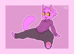  2021 anthro barefoot biped black_bottomwear black_clothing black_pants bottomwear clothing domestic_cat feet felid feline felis frumples frumples_(character) hair inner_ear_fluff male mammal open_mouth pants pawpads pink_pawpads ponytail pupils purple_body purple_hair purple_inner_ear_fluff sitting slit_pupils solo teeth thick_thighs tongue tuft wide_hipped_male wide_hips 