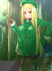  aged_up alternate_breast_size alternate_hair_length alternate_hairstyle arched_back axe blonde_hair blue_shorts blush breasts buttons closed_mouth coat denim denim_shorts fate/grand_order fate_(series) female gloves green_coat green_headwear green_jacket highres jacket large_breasts long_hair long_sleeves looking_at_viewer pantyhose paul_bunyan_(fate) shorts smile solo thighs watosu yellow_eyes 