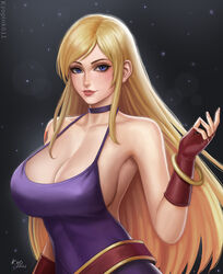  artist_name bare_shoulders blonde_hair blue_eyes bracelet breasts choker cleavage collarbone commentary dress fatal_fury female fingerless_gloves fingernails freckles garou:_mark_of_the_wolves gloves hand_up jenet_behrn jewelry kyopink large_breasts lips long_hair looking_at_viewer makeup parted_lips purple_dress red_gloves signature simple_background sleeveless sleeveless_dress smile solo the_king_of_fighters upper_body 