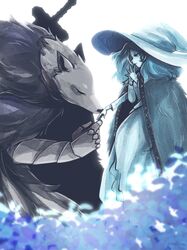  1boy blaidd_the_half-wolf blue_hair blue_skin cloak closed_eyes closed_mouth colored_skin dazey dress elden_ring extra_arms female field flower flower_field from_side fur_cloak hat highres joints kissing kissing_hand long_dress long_hair own_hands_together ranni_the_witch signature simple_background sitting smile steepled_fingers sword weapon weapon_on_back white_background witch_hat 