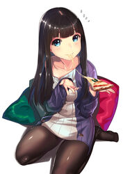  blue_eyes blush brown_hair brown_legwear dress eating female fingernails flying_sweatdrops food highres kagematsuri long_hair long_sleeves looking_at_viewer multicolored_sweater no_shoes original pantyhose pillow pizza ribbed_sweater simple_background solo sweater sweater_dress white_background 