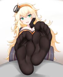  :d absurdres bingbingzi black_gloves black_legwear blonde_hair blush commentary_request feet female fingerless_gloves foot_focus girls&#039;_frontline gloves green_eyes hairband highres long_hair looking_at_viewer no_shoes open_mouth s.a.t.8_(girls&#039;_frontline) sitting smile soles solo toes 