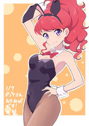  aikatsu! aikatsu!_(series) animal_ears arm_up armpit_crease bare_shoulders black_leotard blush border bow bowtie breasts cbgb cleavage closed_mouth collarbone commentary cowboy_shot detached_collar fake_animal_ears fake_tail female fishnet_pantyhose fishnets hand_on_own_hip happy_birthday highleg highleg_leotard highres kurebayashi_juri leotard long_hair looking_at_viewer medium_breasts outline outside_border pantyhose playboy_bunny ponytail purple_eyes rabbit_ears red_bow red_bowtie red_hair smile solo strapless strapless_leotard symbol-only_commentary tail thighhighs traditional_bowtie wavy_hair white_border white_outline wrist_cuffs yellow_background 