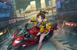  akira_(manga) akira_slide black_hair bow building city dust_cloud earrings female gloves goggles goggles_around_neck green_eyes hairbow harada_miyo headband idolmaster idolmaster_cinderella_girls idolmaster_cinderella_girls_starlight_stage jacket jewelry motor_vehicle motorcycle neon_lights official_art plaid plaid_skirt ponytail road road_sign roadblock sign skirt skyscraper smile stop_sign traffic_barrier traffic_cone traffic_light under_construction warning_sign yellow_jacket yellow_skirt 