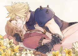  1boy aerith_gainsborough ancotsubu armor bangle belt black_gloves blonde_hair blue_shirt bracelet braid braided_ponytail brown_belt brown_hair choker closed_eyes cloud_strife couple dress earrings female final_fantasy final_fantasy_vii final_fantasy_vii_remake flower flower_choker gloves hair_between_eyes hair_ribbon hand_in_another&#039;s_hair hand_on_another&#039;s_chest highres jacket jewelry kissing lily_(flower) long_hair parted_bangs pink_dress pink_ribbon red_jacket ribbon shirt short_hair short_sleeves shoulder_armor sidelocks single_bare_shoulder single_braid single_earring sleeveless sleeveless_turtleneck spiked_hair straight suspenders toned toned_male turtleneck upper_body wavy_hair yellow_flower 