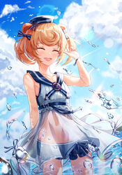  :d ^_^ absurdres alternate_costume animal_ears arknights bare_arms bare_shoulders bear_ears blonde_hair blue_sky blush closed_eyes cloud collarbone commentary cowboy_shot day dress facing_viewer fall_(aki) female gummy_(arknights) gummy_(summer_flowers)_(arknights) hand_up hat highres official_alternate_costume open_mouth outdoors photoshop_(medium) short_hair sky sleeveless sleeveless_dress smile solo standing water_drop 