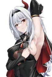  absurdres armpit_focus armpits black_dress blush breasts cape close-up closed_mouth dress female guardian_tales hairband half_vampire_priscilla highres horns long_hair looking_at_viewer medium_breasts presenting_armpit red_eyes sideboob single_horn smelly_armpits solo steam sweat sweaty_armpits upper_body white_background white_hair will2012tw 