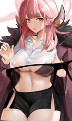  :o absurdres artist_name aru_(blue_archive) black-framed_eyewear black_bra black_skirt blue_archive blunt_bangs blurry bra breasts bright_pupils cleavage coat collared_shirt female glasses halo highres horns large_breasts long_hair long_sleeves looking_at_viewer miniskirt navel open_clothes open_coat open_mouth orange_eyes pink_hair purple_coat see-through shirt sitting skirt solo underwear wawamachi_(wawamachis) wet wet_clothes wet_shirt x-ray_glasses x-ray_vision 