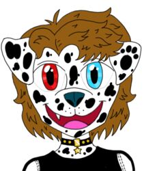  anthro blue_eyes brown_hair canid canine canis collar dalmatian dog_tags domestic_dog fangs footprint fur hair heterochromia icon male mammal markings pawprint pawprint_(marking) red_eyes smile solo spots spotted_body spotted_fur star teeth unknown_artist 