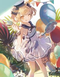  absurdres animal_ears arknights balloon bear_ears blonde_hair commentary_request dress female flower frying_pan gummy_(arknights) gummy_(summer_flowers)_(arknights) hat highres ice_cream_cone ji_mag_(artist) official_alternate_costume one_eye_closed orange_eyes plant potted_plant see-through solo swimsuit tongue tongue_out twintails white_dress 