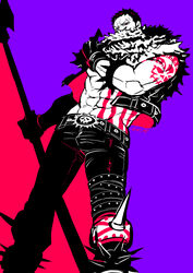  1boy abs bara bare_shoulders belt bracelet bulge charlotte_katakuri climaxmukr cropped_jacket dutch_angle feet_out_of_frame holding holding_polearm holding_weapon jacket jewelry lance male_focus multiple_monochrome muscular muscular_male navel one_piece open_clothes open_jacket pectorals polearm scarf scarf_over_mouth short_hair solo spiked_bracelet spikes stomach weapon 