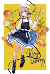  1other androgynous apple_pie apron bad_id bad_pixiv_id baker_nemo_(fate) black_apron black_footwear blue_eyes blue_hair blue_skirt blue_socks blush braid bread brown_hair chocoan croissant egg_(food) fate/grand_order fate_(series) food french_braid fried_egg full_body hat highres holding loaf_of_bread long_hair long_sleeves looking_at_viewer melon_bread multicolored_hair nemo_(fate) open_mouth pie sailor_hat shirt skirt smile socks solo tongs twintails white_hat white_shirt 