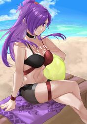  alternate_costume ball beach beachball bikini black_bikini black_choker blue_sky breasts choker closed_mouth cloud commentary crossed_legs day female fire_emblem fire_emblem:_three_houses fire_emblem_warriors:_three_hopes hair_bun hair_over_one_eye highres holding holding_ball long_hair medium_breasts navel ocean one_eye_covered outdoors purple_eyes purple_hair red_bikini sakura_no_yoru sand shez_(female)_(fire_emblem) shez_(fire_emblem) single_hair_bun sitting sky smile solo stomach swimsuit two-tone_bikini water 