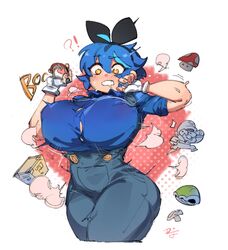  ?_block alternate_breast_size ass_expansion black_hairband blue_hair blue_overalls blush breast_expansion breasts bursting_breasts button_gap dif_(difman) difman english_commentary engrish_commentary female green_shell_(mario) hair_between_eyes hair_ribbon hairband highres huge_breasts mario mario_(series) mole multicolored_hair mushroom original overalls ribbon solo streaked_hair super_mushroom surprised the_super_mario_bros._movie wardrobe_malfunction yellow_eyes 